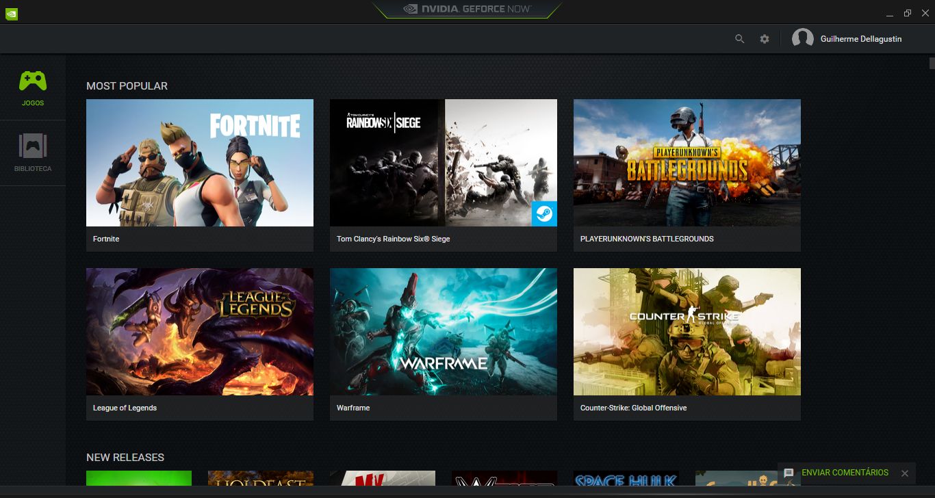  Tela inicial do aplicativo do GeForce Now no PC, serviço de Streaming de Jogos da Nvidia