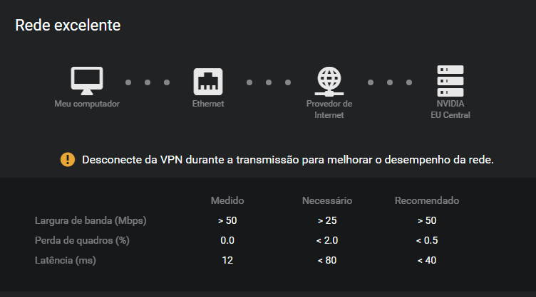 Teste de rede usando GeForce Now no PC, serviço de streaming de Jogos da Nvidia